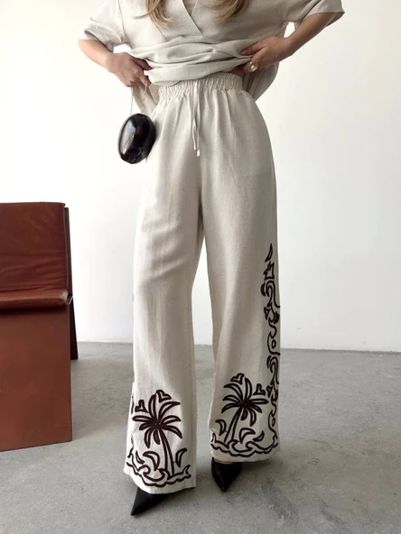 Keten Kısa Kolu  V Yaka Bluz Pantolon Ikili Takım- Beyaz - Resim 4