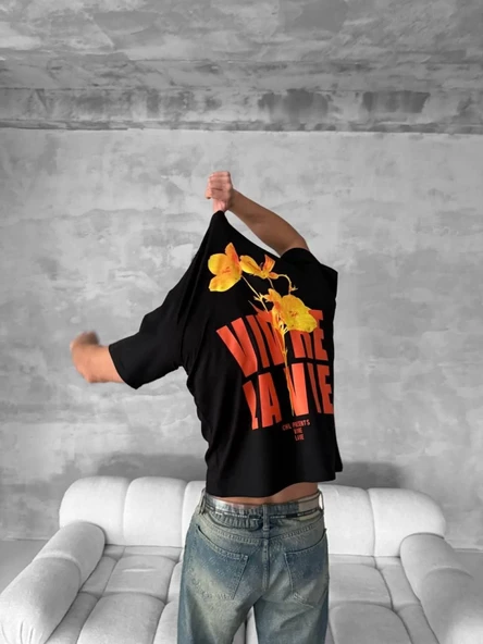 Ön Ve Arka Baskılı Oversize Bisiklet Yaka T-shirt- Siyah - Resim 4