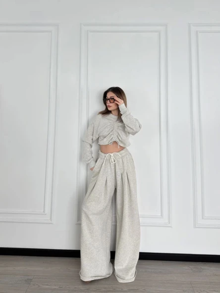 Uzun Kollu Önü İp Büzgülü Crop Ve Pantolon İkili Takım - Gri - 2