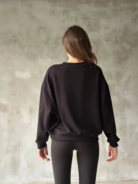 Osy Modal Yumuşak Dokulu Kumaş Bisiklet Yaka Oversize Sweatshirt - Siyah - 2