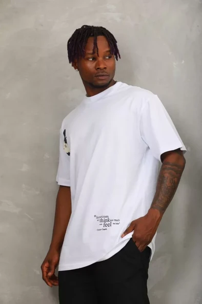 Unisex Oversize Baskılı Bisiklet Yaka T-Shirt - Beyaz - Resim 2