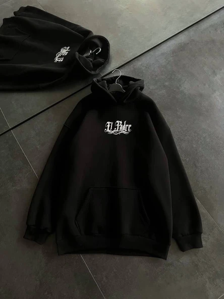 Üç İplik Penye Uzun Kol Kapşonlu Baskılı SweatShirt - Siyah - 2