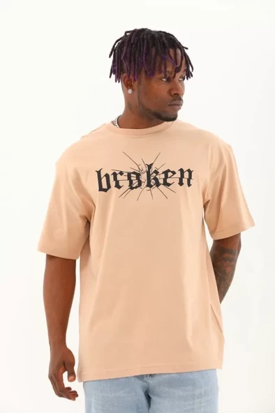Unisex Oversize Baskılı Bisiklet Yaka T-Shirt - Bej - 2