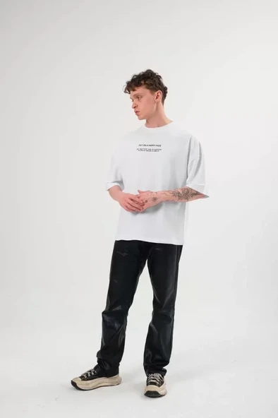 Unisex Bisiklet Yaka Baskılı Oversize T-Shirt - Beyaz ürün görseli 1