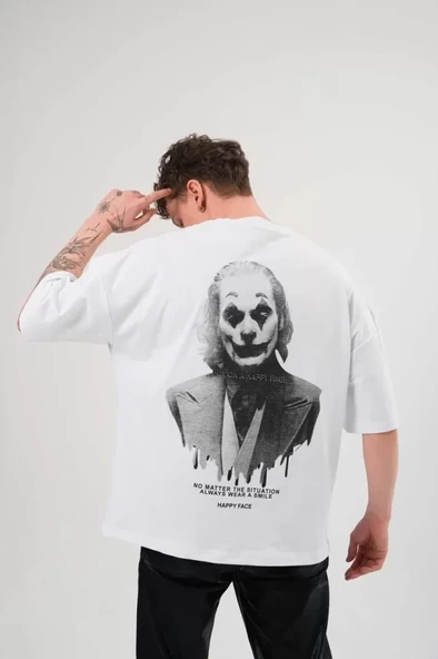 Unisex Bisiklet Yaka Baskılı Oversize T-Shirt - Beyaz - Resim 3