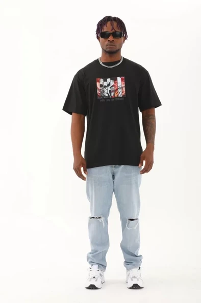 Unisex Oversize Baskılı Bisiklet Yaka T-Shirt - Siyah - Resim 4