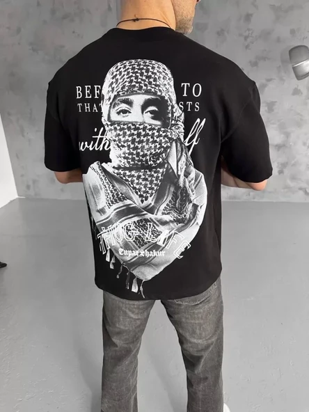 Unisex Baskılı Oversize T-Shirt - Siyah ürün görseli 1