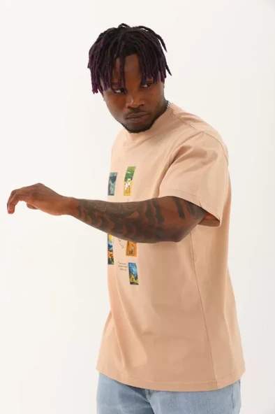 Unisex Oversize Baskılı Bisiklet Yaka T-Shirt - Bej - Resim 2