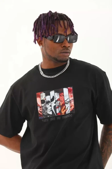 Unisex Oversize Baskılı Bisiklet Yaka T-Shirt - Siyah ürün görseli 1