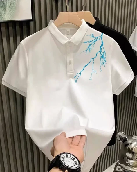 Unisex Yakası Düğmeli Oversize Baskılı T-Shirt - Beyaz - 1