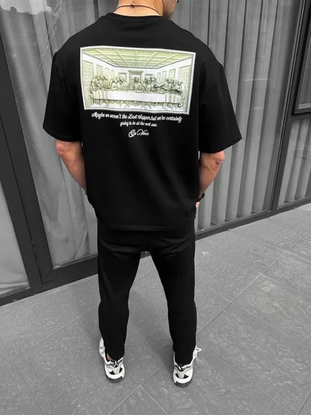 Unisex Baskılı Oversize T-Shirt - Siyah - Resim 2