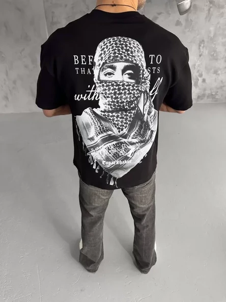 Unisex Baskılı Oversize T-Shirt - Siyah - Resim 4