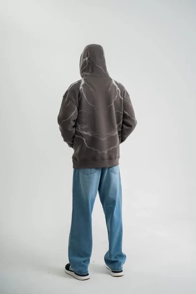 Double Oversize Kapşonlu Şimşek Pano Baskılı SweatShirt - Füme - Resim 4