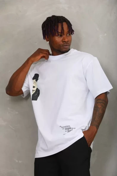 Unisex Oversize Baskılı Bisiklet Yaka T-Shirt - Beyaz ürün görseli 1