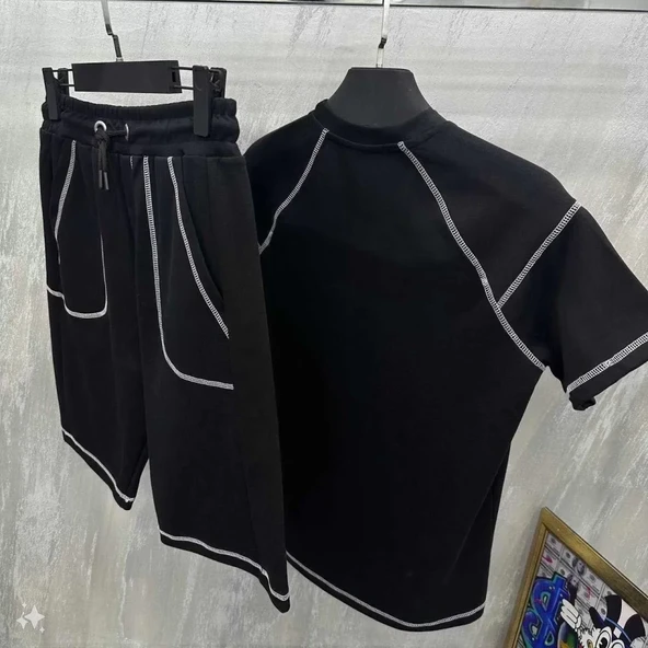 Unisex Karoyaka Dikişli Şortlu Takım - Siyah - 2