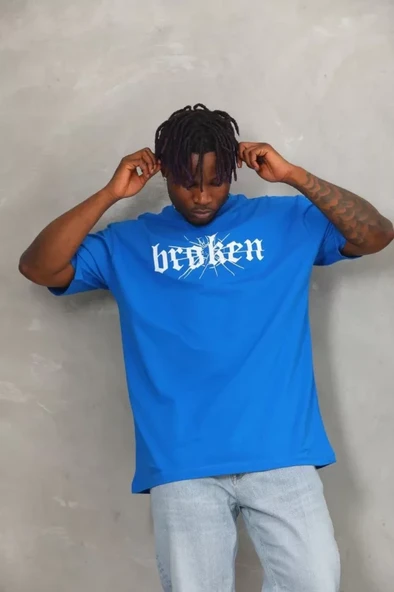 Unisex Oversize Baskılı Bisiklet Yaka T-Shirt - Mavi - 3