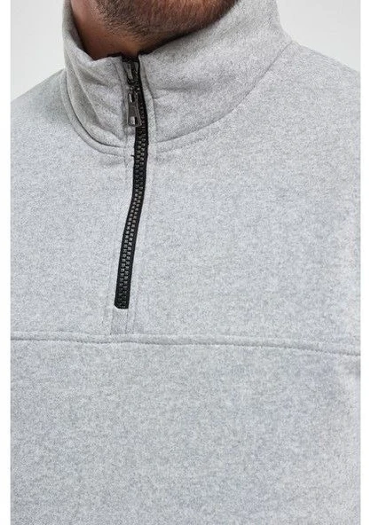 Oversize Yarım Farmuarlı Yakalı Basic SweatShirt - Gri - 3