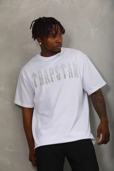 Unisex Oversize Taşlı Bisiklet Yaka T-Shirt - Beyaz - Resim 3