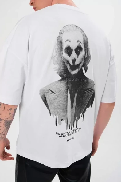 Unisex Bisiklet Yaka Baskılı Oversize T-Shirt - Beyaz - Resim 2