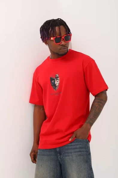 Unisex Oversize Baskılı Bisiklet Yaka T-Shirt - Kırmızı ürün görseli 1