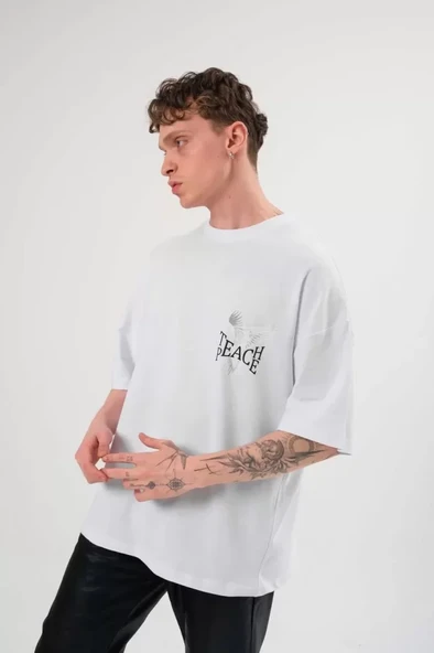 Unisex Bisiklet Yaka Baskılı Oversize T-Shirt - Beyaz - Resim 2