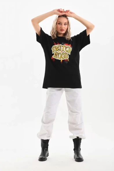 Unisex Baskılı Oversize T-Shirt - Siyah - Resim 4