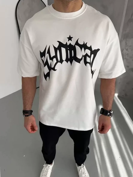 Unisex Bisiklet Yaka Baskılı Oversize T-Shirt - Beyaz ürün görseli 1