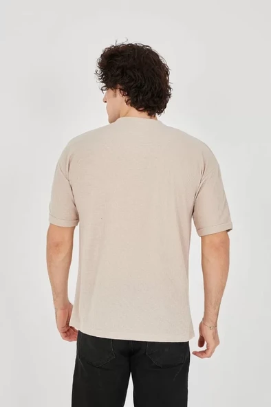 Unisex Waffle Kumaş Rahat Kol T-Shirt - Bej - 4