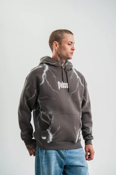 Double Oversize Kapşonlu Şimşek Pano Baskılı SweatShirt - Füme ürün görseli 1