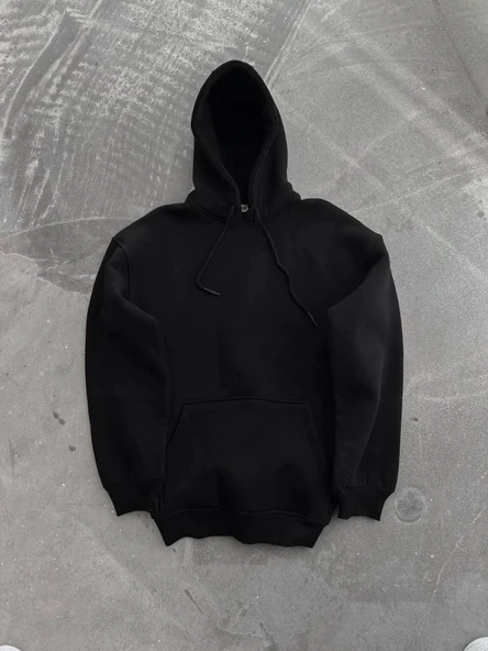 Kapşonlu Üç İplik Penye Basic SweatShirt - Siyah - 2