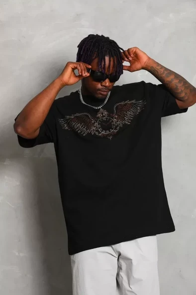 Unisex Oversize Taşlı Bisiklet Yaka T-Shirt - Siyah - 3