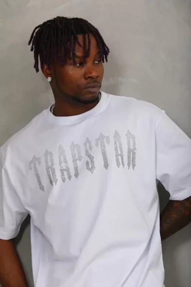 Unisex Oversize Taşlı Bisiklet Yaka T-Shirt - Beyaz - Resim 2