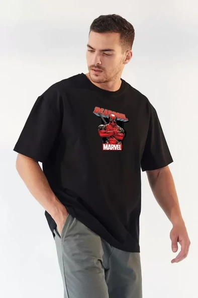 Unisex Bisiklet Yaka Baskılı Oversize T-Shirt - Siyah ürün görseli 1