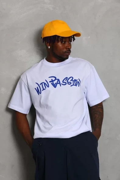 Unisex Oversize Baskılı Bisiklet Yaka T-Shirt - Beyaz ürün görseli 1