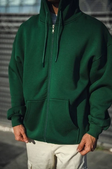 Oversize Tam Fermuarlı Uzun Kol Hırka - Haki - 3