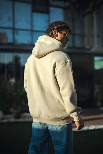 Üç İplik Penye Kapşonlu Basic SweatShirt - Bej - 2