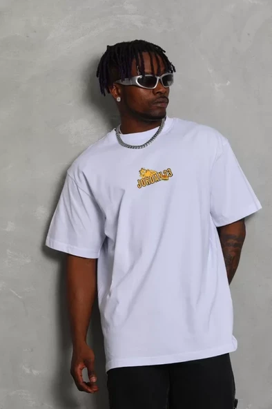 Unisex Bisiklet Yaka Baskılı Oversize T-Shirt - Beyaz - 1