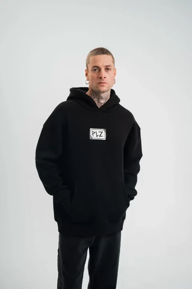 Unisex Kapşonlu Uzun Kol Patchli Nakışlı SweatShirt  - Siyah ürün görseli