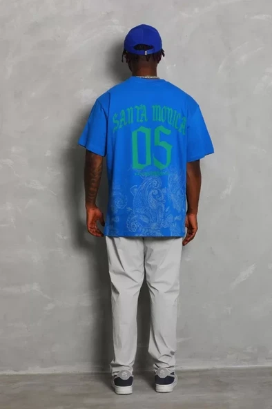 Unisex Oversize Baskılı Bisiklet Yaka T-Shirt - Mavi - Resim 4