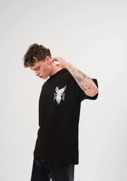 Unisex Bisiklet Yaka Baskılı Oversize T-Shirt - Siyah - 2
