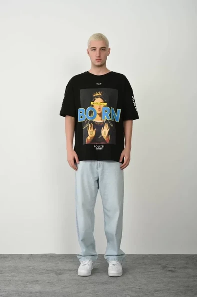 Unisex Baskılı Bisiklet Yaka Oversize T-Shirt - Siyah - 3