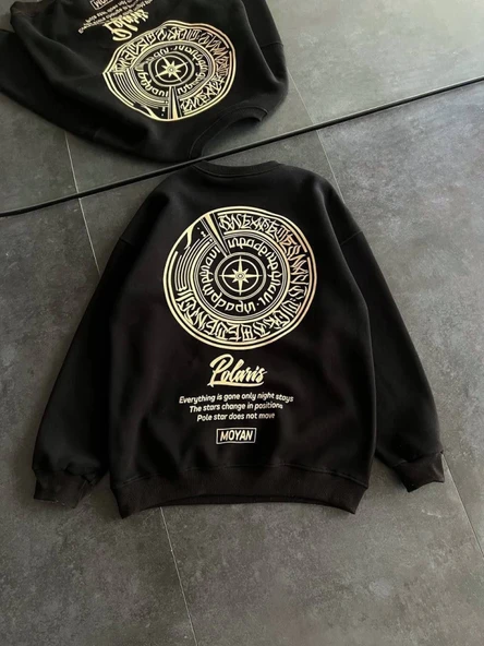 Kışlık Bisiklet Yaka Ön Ve Arka Baskılı SweatShirt - Siyah - 2