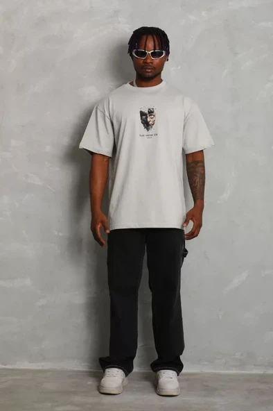 Unisex Oversize Baskılı Bisiklet Yaka T-Shirt - Gri - 3