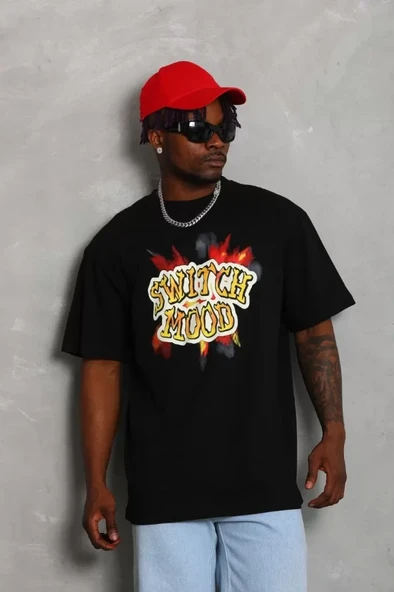 Unisex Oversize Baskılı Bisiklet Yaka T-Shirt - Siyah ürün görseli 1