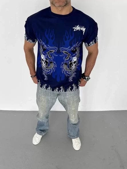 Unisex Bisiklet Yaka Baskılı Oversize T-Shirt - Lacivert - Resim 2