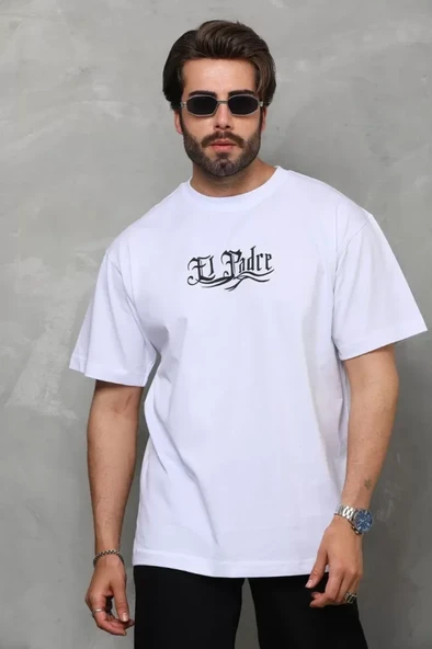 Unisex Bisiklet Yaka Baskılı Oversize T-Shirt - Beyaz - Resim 2