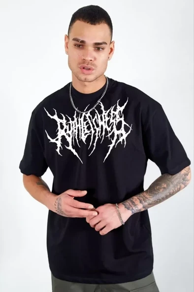 Unisex Bisiklet Yaka Baskılı Oversize T-Shirt - Siyah - 1