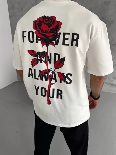 Unisex Bisiklet Yaka Baskılı Oversize T-Shirt - Beyaz - Resim 2