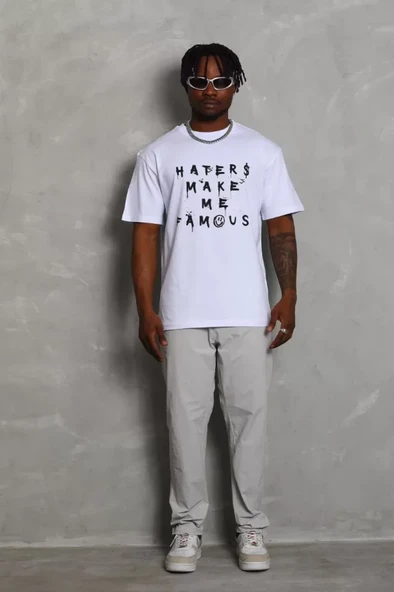 Unisex Oversize Baskılı Bisiklet Yaka T-Shirt - Beyaz - 4