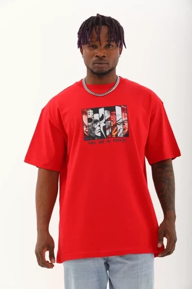 Unisex Oversize Baskılı Bisiklet Yaka T-Shirt - Kırmızı ürün görseli 1